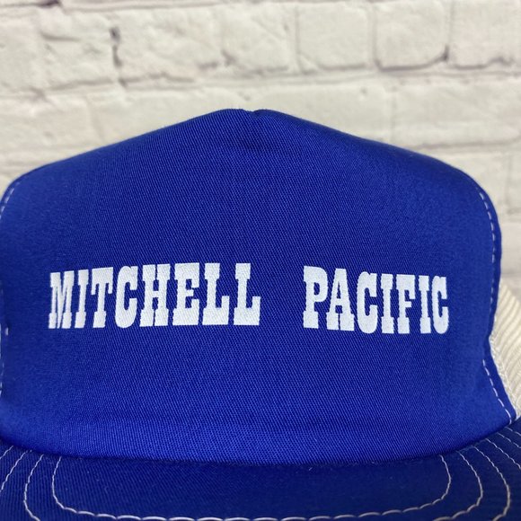 Vintage Trucker Hat Mesh 80s Cap Blue White Mitchell Pacific One Size 1980s - Picture 6 of 8